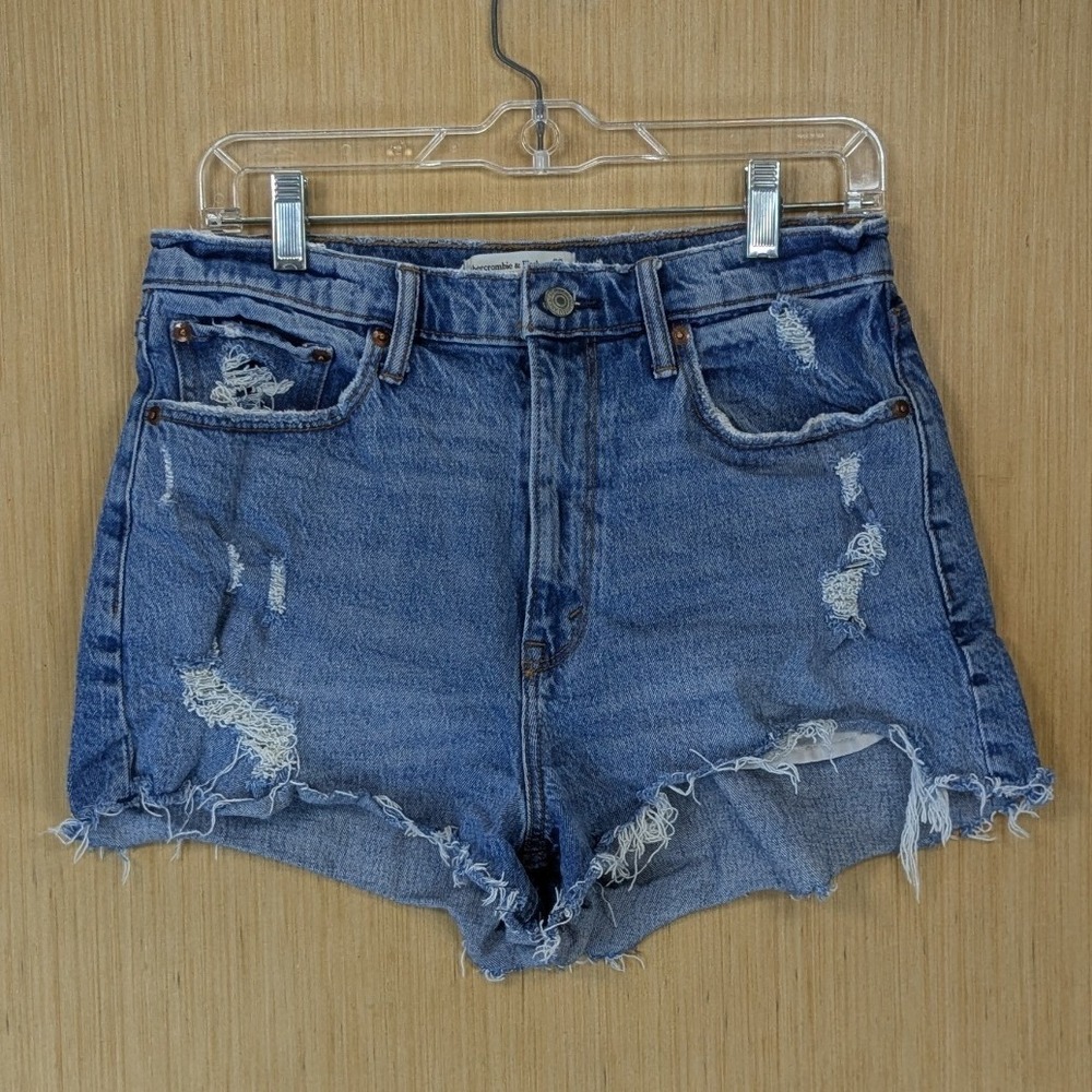 Abercrombie & Fitch Curve Love High Rise Mom Shorts Blue Distressed Denim 30 10